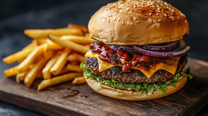 A juicy burger with cheese and red onion, served with crispy french fries.