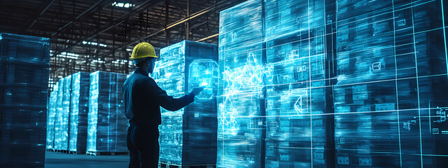 Futuristic Warehouse with Holographic Interface