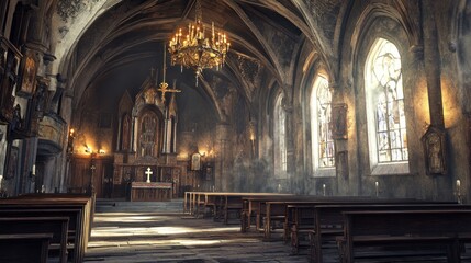 Obraz premium A dimly lit, historic church interior with wooden pews and stained glass windows.