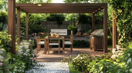 Obraz premium Relaxing Patio with Pergola and Outdoor Kitchen