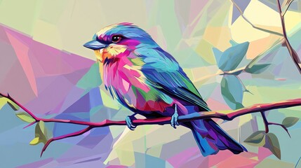 A colorful, stylized bird perched on a branch, showcasing vibrant hues and geometric patterns in a...