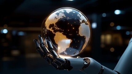 Fototapeta premium An AI-powered robot holding a glowing holographic world, symbolizing the future of global connectivity