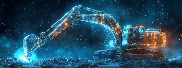 Fototapeta premium smart blue digital excavator, AI in construction site management systems, excavation planning algorithms, equipment maintenance schedules, and real-time monitoring for safety and efficiency design 