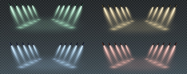 The vector set of light includes a light source, studio lighting, walls, and a PNG. It also includes spotlight lighting and a spotlight PNG. Finally, it includes light beams and a light effect.