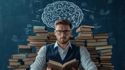 A thoughtful young Caucasian man in a vest sits in front of a towering stack of books, immersed in reading with a brain graphic above him.