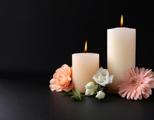 Funeral Service or Obituary banner - candles and flowers with black copy space