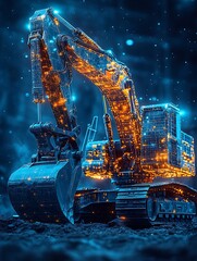  smart blue digital excavator, AI in construction site management systems, excavation planning algorithms, equipment maintenance schedules, and real-time monitoring for safety and efficiency design 