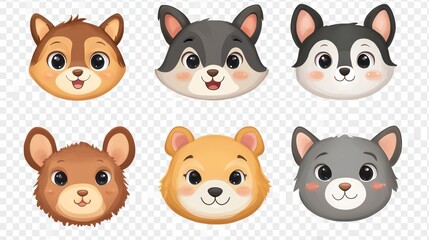 Fototapeta premium Cute cartoon animal faces featuring a bear, fox, wolf, and more in cheerful expressions.