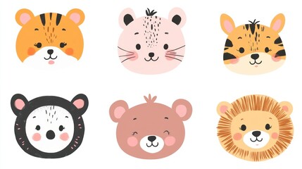 Obraz premium A cheerful collection of cute animal faces featuring a tiger, lion, bear, and more, ideal for children's themes.