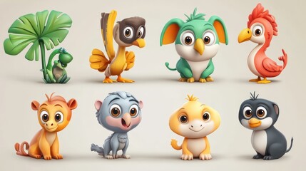 A vibrant collection of adorable cartoon animals, including a green bird, flamingo, and playful monkey.