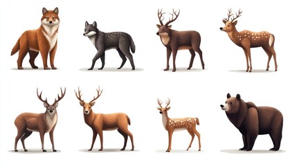 Obraz premium A colorful collection of illustrated woodland animals including a fox, wolf, deer, and bear in a playful, minimalist style.