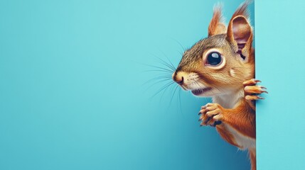 A curious red squirrel peeks around a vibrant blue corner, showcasing its bright eyes and bushy tail.