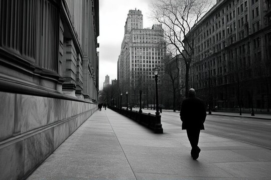 Fototapeta A man walks down a city street, with tall buildings on either side of him, in a black and white photo.