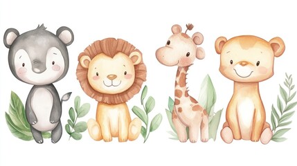 Fototapeta premium A charming collection of cute animals featuring a bear, lion, giraffe, and baby lion in soft colors with green leaves.