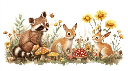 Fototapeta premium Charming woodland scene featuring a raccoon and two rabbits amidst colorful flowers and mushrooms.