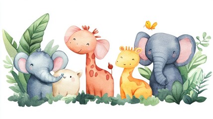 Charming watercolor illustration of adorable baby animals in a lush green setting, featuring elephants, a giraffe, and a cute pig.