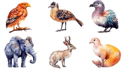 Fototapeta premium A collection of six beautifully illustrated animals, showcasing a variety of species in vibrant watercolor style.