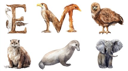 Obraz premium Whimsical watercolor illustrations of animals and letters, featuring an elephant, hawk, and a platypus.