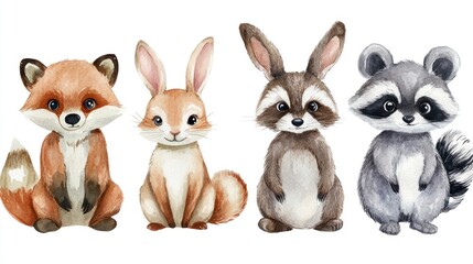 A charming illustration of four adorable woodland animals: a fox, a rabbit, a raccoon, and a bunny, each with distinct expressions.