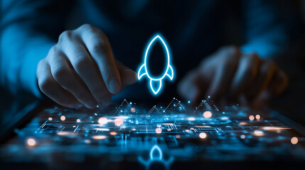 A person uses a futuristic interface to launch a digital rocket, symbolizing innovation and technology in modern business.