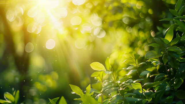 A lush green forest with sunlight shining through the trees.,