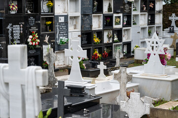 A view of a cemetery with flowers