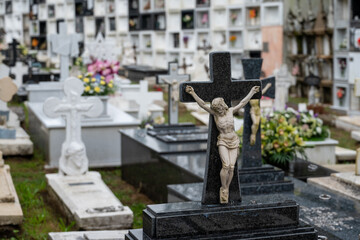 A view of a cemetery with flowers