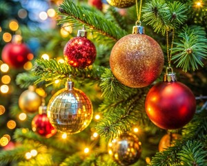 Christmas decorations on a tree close up