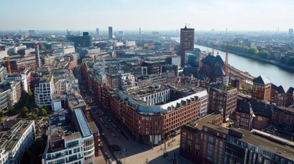 Obraz premium A panoramic aerial view of Hamburg, focusing on the city's skyline filled with high-rise