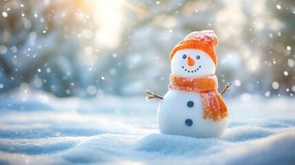 cheerful snowman in a snowy landscape