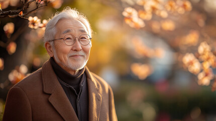 Fototapeta premium A serene portrait of an elderly man smiling in a beautiful autumn setting with warm leaves and soft sunlight.