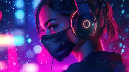Fototapeta premium woman wearing headphones and a mask, surrounded by vibrant, colorful lights.