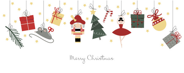 Vector set of nutcracker, Christmas Ballet. Merry Christmas and happy new year concept background for banner, invitation, decoration. 