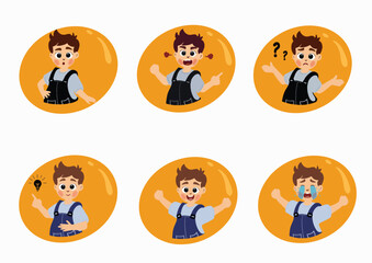 cute kid boy face expression emoji emoticon set