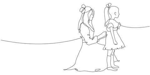 Continuous one line drawing of Mother and daughter dress for the holiday. Mom and daughter in one line style
