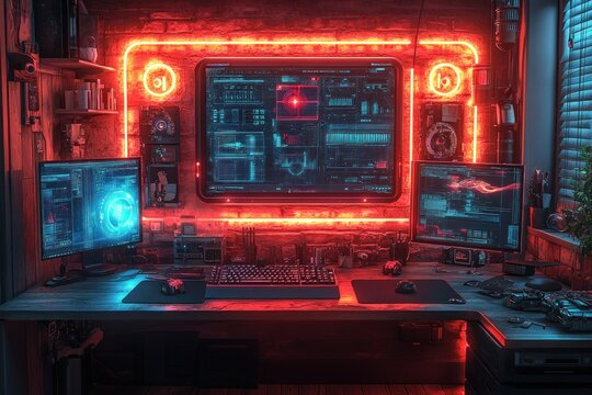 Futuristic gaming setup with dual monitors and neon lighting.