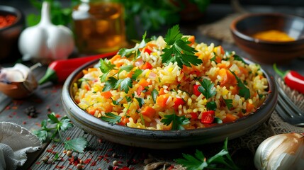 Delicious Vegetable Rice with Parsley Garnish