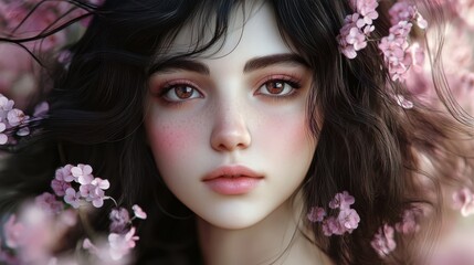 Fototapeta premium A Persian beauty with dark brown hair and soft pink blush, her face framed by loose tendrils