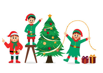 cute little girls and boys celebrate christmas, decorate the christmas tree