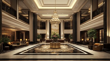 The grand lobby of a luxury hotel with marble floors, a chandelier, and plush seating.