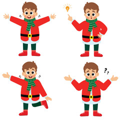 icon set of cute happy little boy wearing red Christmas costume