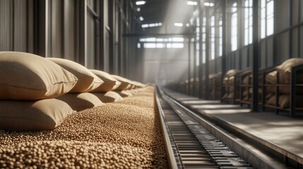 bags filled with grains, such as soybeans and wheat, moving on a conveyor belt in a large storage warehouse. 