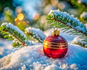 Christmas tree toy in the snow close up