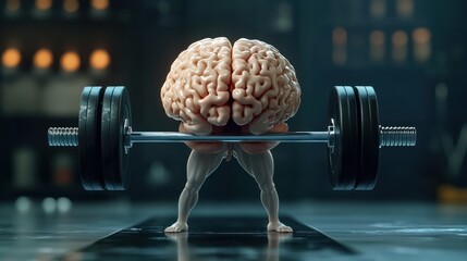 A muscular brain lifting a barbell, symbolizing the strength of intellect and physical prowess in a creative setting.