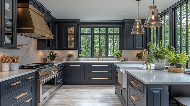 Modern kitchen with dark blue cabinets, white countertops and gold hardware. Large windows offer natural light.