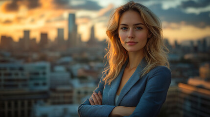 Obraz premium Confident woman stands against a city skyline at sunset, exuding empowerment and professionalism with a warm glow in the background.