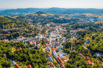 City of Banska Stiavnica with old castle and square,  UNESCO, Slovakia. Old Slovakia mining town of...