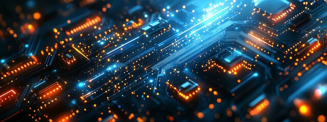 Obraz premium Glowing Circuit Board with Blue and Orange Lights