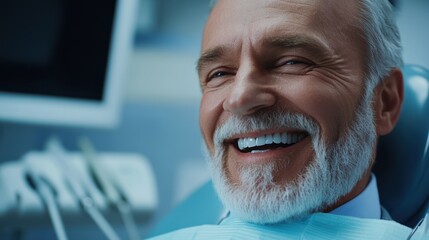 Smiling elderly man with a white beard in a dental chair, exuding confidence and satisfaction in a modern dental office.