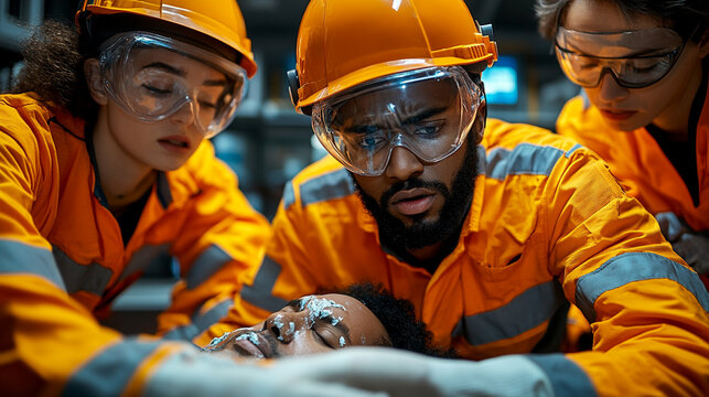 Emergency response team providing first aid to an injured worker in industrial safety gear, showcasing teamwork and compassion.